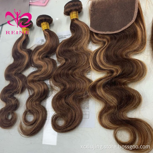 REINE Highlight Bundles With Closure Brazilian Body Wave Bundles With Closure Brown Remy Human Hair Bundles With Closure